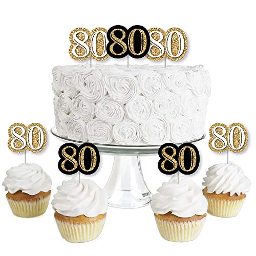 Adult 80th Birthday - Gold - Dessert Cupcake Toppers - Birthday Party Clear Treat Picks - Set of 24