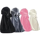 ForceWave Velvet Durags for Men Premium Du Rags Pack of 4 for Men Women with Long Tail and Wide Strap