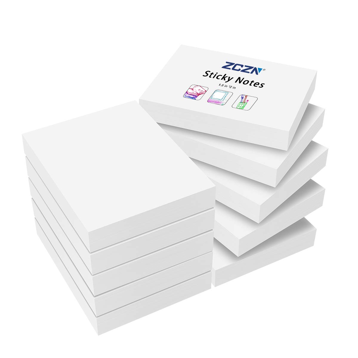 Photo 1 of ZCZN Small Sticky Notes, 1.5in x 2in, 100 Sheets/Pad, 10 Pads/Pack, White