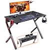 Mr IRONSTONE Gaming Desk 45.2″ W x 23.6″ D Home Office Desk, Gaming Workstation with Power Strip of 3-Outlet & 2 USB Ports, Cup Holder, Headphone Hook, and Cable Management (Red)