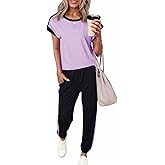 Dokotoo Women's 2 Piece Outfits Sweatsuit Colorblock Comfy Lounge Sets Knit Short Sleeve Jogger Sweatpants Tracksuits