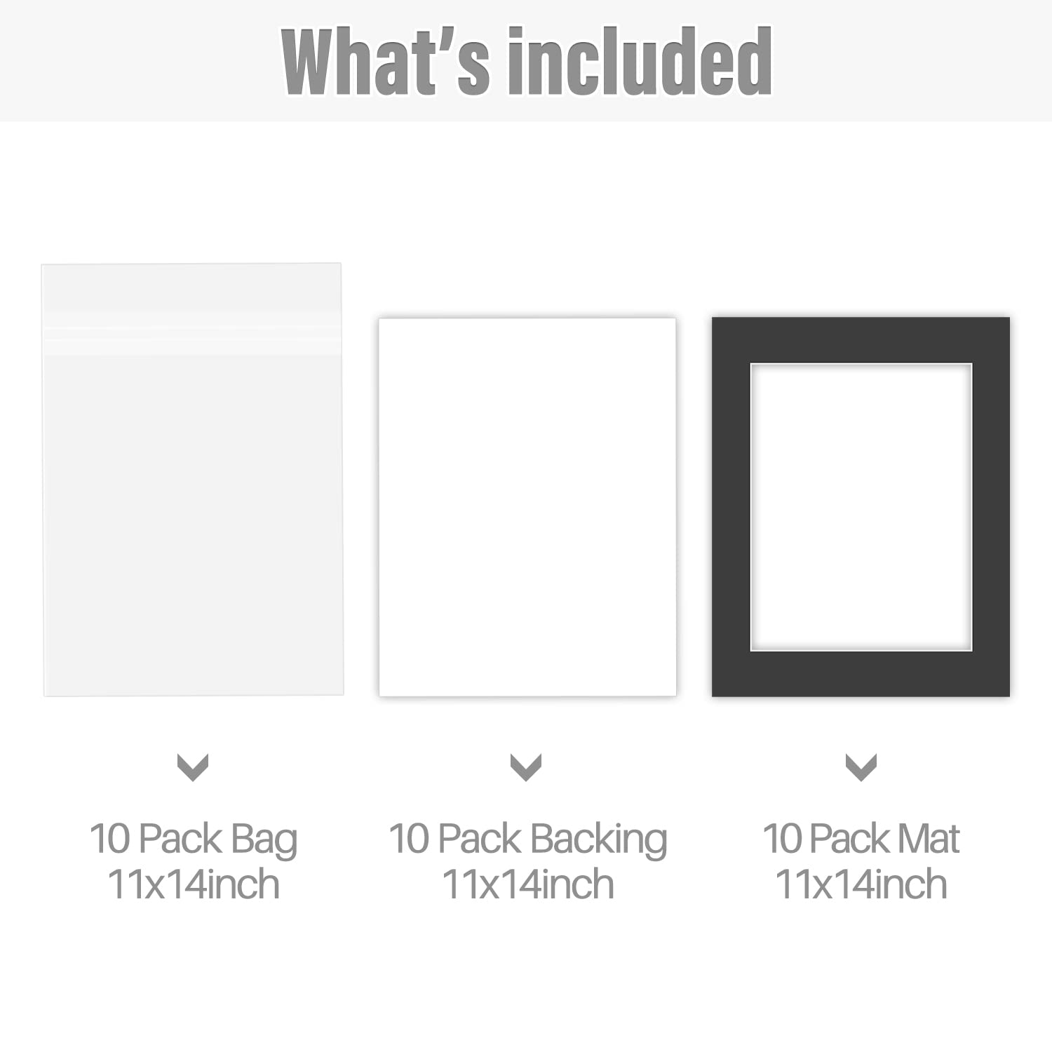 Golden State Art, Complete Pack of 10, Black Pre-Cut 11x14 Photo Mat for 8.5x11 Document with White Core Matte Set. Includes 10 Acid Free Bevel Cut Mattes & 10 Backing Backers Board & 10 Clear Bags
