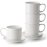 DOWAN 12oz Coffee Mugs, Cappuccino Cup and Saucer Set of 4, White Ceramic Coffee Cups for Latte/Tea/Milk, Tea Cups for Use in Office, Home and Cafes, Microwave Safe