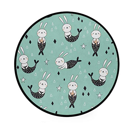 Naivey Round Area Rugs Animal Bunny Mermaid 3 Feet Non Slip Round Rug Soft Carpet Floor Mat Rugs for Living Room Bedroom