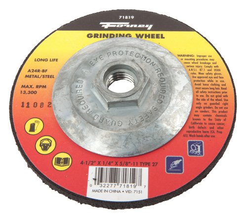 Forney 71819 Grinding Wheel with 5/8-Inch-11 Threaded Arbor, Metal Type 27, A24R-BF, 4-1/2-Inch-by-1/4-Inch