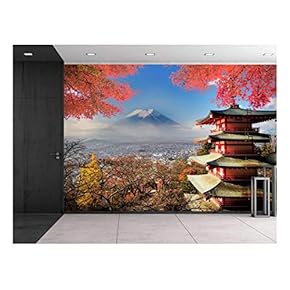Japanese Shrine on a Garden Looking Over Mount Fuji - Wall Mural, Removable Sticker, Home Decor - 66x96 inches
