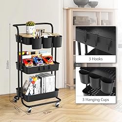 3 Tier Rolling Cart with Metal Handle, Table