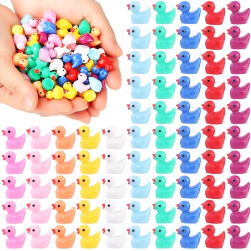 100pcs Tiny Ducks 10 Colors Little Duck Figures Mini Resin Ducks Plastic Small Miniature Ducks Bulk for Dollhouse Decor Micro Fairy Garden Landscape Aquarium Tiny Toys