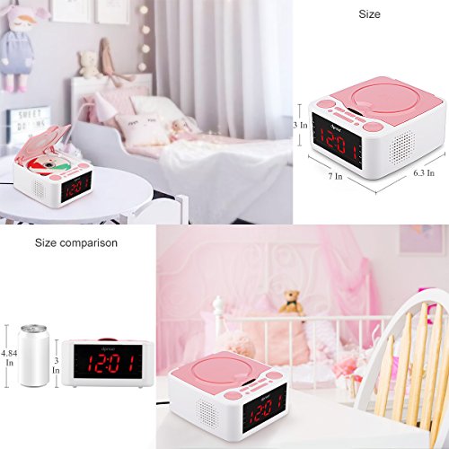 Alarm Clock Radio, CD Player, with USB Port, Headphone Jack, Aux Input, Remote Control, 12 /24H Time Display with Backlight, Sleep Timer (Pink)