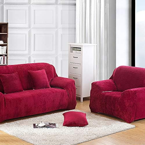 JOYFULBID Sofa Covers Thick Pure Color for 1/2/3/4 Seater, Sofa Protector Velvet Easy Fit Elastic Fabric Stretch Couch Slipcover (Wine Red, 1 Seater)