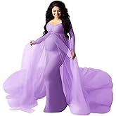 Women's Long Sleeve Off Shoulder Maternity Maxi Photography Dress Tulle Wedding Mermaid Gown for Photoshoot Baby Shower
