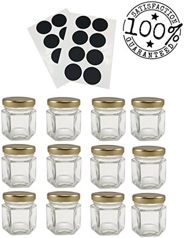 12 Pack Mini Hexagon Glass Jars 1.5oz. Bonus Offer Free Black Labels (12) Included!