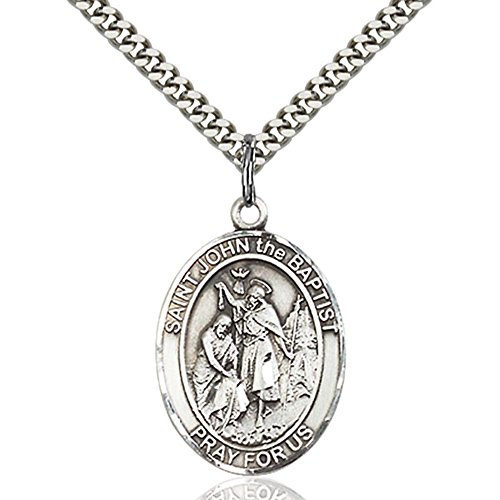 Sterling Silver St. John the Baptist Pendant 1 x 3/4 inches with Heavy Curb Chain