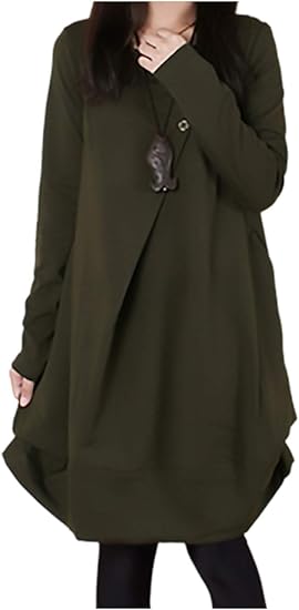 Amazon エムエルーセ 4色展開 ゆったり カジュアル プリーツ ワンピース ラウンドネック ドレス 長袖 無地 春 秋 冬 レディース ワンピース チュニック 通販