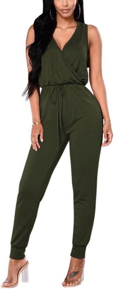 Women's Deep V Sleeveless Long Pants Plain Pocket Summer Drawstring Waisted Jumpsuits Rompers