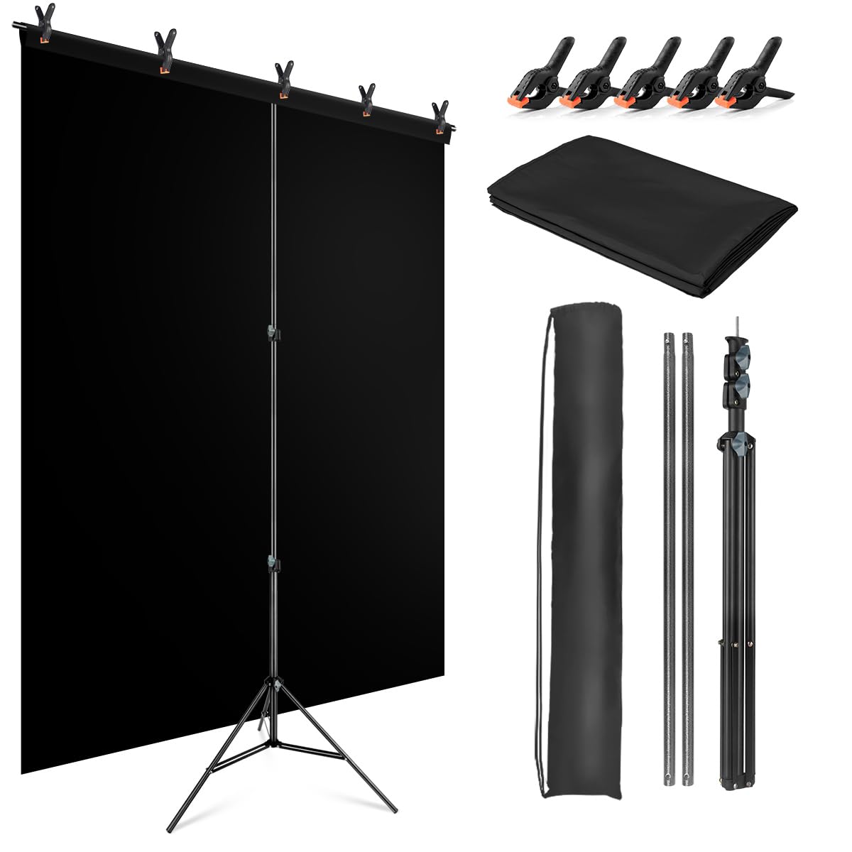 JEBUTU Black Backdrop with Stand 1.5x2m (5x6.5ft), 1.5x2m Black Screen Photography Backdrop Kit with 5 Clamps for Photography, Photoshoot, Portrait, Video Studio, Shooting, Filming, Halloween