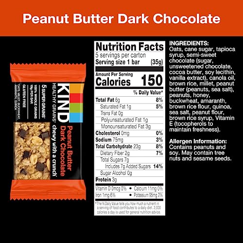 KIND HEALTHY GRAINS BARS, PEANUT BUTTER DARK CHOCOLATE, 1.2 OUNCE, 5 COUNT
