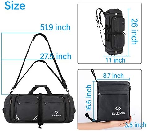Eackrola Travel Duffel Bag,3-in-1 Foldable Duffle Bag Luggage Bag with Shoes Compartment Packable Weekender Bag for Men Women 55L Water-proof & Tear Resistant 2 Eackrola Travel Duffel Bag,3-in-1 Foldable Duffle Bag Luggage Bag with Shoes Compartment Packable Weekender Bag for Men Women 55L Water-proof & Tear Resistant