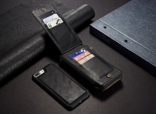 LefRight Romvable Wallet Case for iPhone 7 Plus(5.5 inch), Vintage Leather Magnetic Flip 12 Credit Card Holder Zipper Handbag Wrist Strap