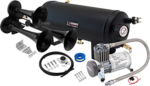 Vixen Horns Loud 135dB 3/Triple Black Trumpet Train Air Horn with 1.5 Gallon Tank and 150 PSI Compressor Full/Complete Onboard System/Kit VXO8815/3311B