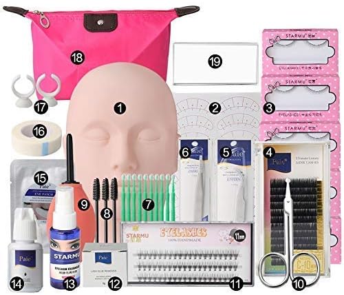 19pcs Eyelash Extension Kits,Professional Mannequin Head Training Eyelashes Extensions Practice Cosmetology Esthetician Supplies with Eye Lashes Glue Tweezers Tools sets for Makeup Practice Eye Lashes Graft