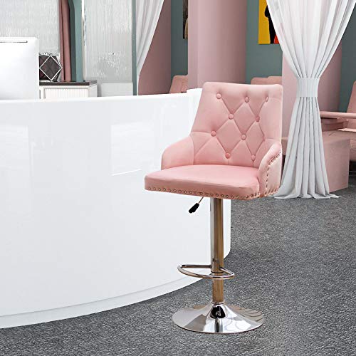 LEPAK Barhocker, rosa Samt-Barstühle mit Knopfgetuftung, gepolsterter Thekenhocker mit verstellbarem 360°-Drehgelenk und… – Bild 4