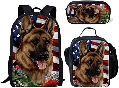 Salabomia US Flag German Shepherd Print Backpack Set for Children School Bookbag and Lunch Bags Zipper Pen Case