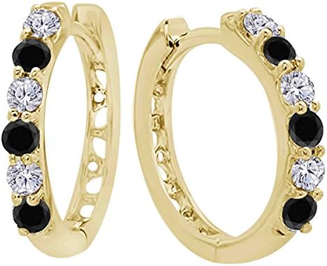 Exclusive !!! 1.00 Carat Round Cut Lab Created Black Sapphire &amp; Highest Quality Cubic Zirconia Alloy Ladies Hoop Earring In 14K Yellow Gold Plated Women's Fashion Jewelry