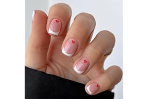 Valentines Press on Nails Short Square JNRNALI White French Tip Fake Nails False Nails with Designs Valentines Nails Cute Valentines Heart Glossy Glue on Nails for Women Girls 24 Pcs
