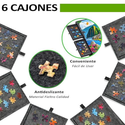 TRYXZSZ Mesa para Rompecabezas de Sintió 1500PCS, Tablero para Rompecabezas de Plegable, Puzzle Board Todo en Uno, con 6 Cajones y Cubierta, No Requiere Montaje, Ligero y Portátil