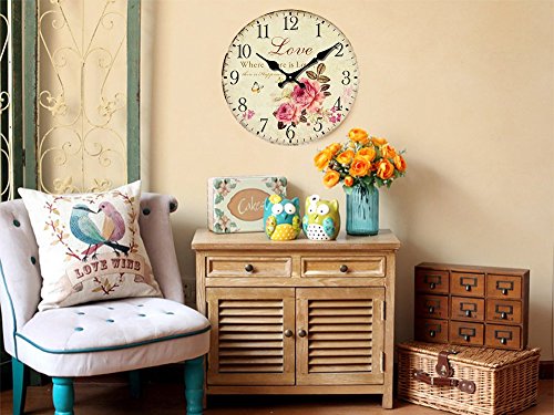 Romantic Roses Clock, 14" Eruner Country Floral Wall ClockLove Wooden Art Decor Non-Ticking Home Decoration(C-62) - Thumbnail 2