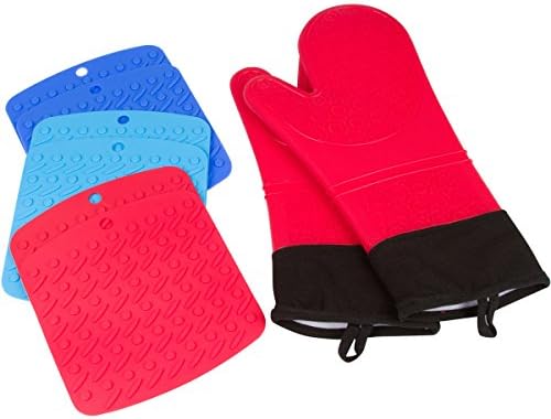 The Sili Chef Baking Bundle: Pair of Extra Long Heat Resistant Silicone Oven Mitts with Quilted 100% Cotton Lining (Red) and 6 Piece Silicone Hot Pad Set (Red, Blue, Light Blue)
