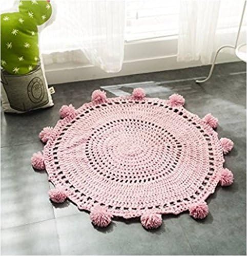 Fox Playmat Handmade Crochet Blanket Kids Area Rugs Round carpets Children Floor Animals Cotton Hand knitted playroom bedding Modern nursery Knit gray pink yellow blue mint bear (Pink)