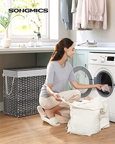 SONGMICS Cesto de la Ropa,130 L,Cesto de Lavandería,Tejido a Mano,con Compartimentos Separados,con Tapa y Asas,Ratán Sintético,Plegable,Bolsa de Forro Extraíble,Gris MLCB253G01.