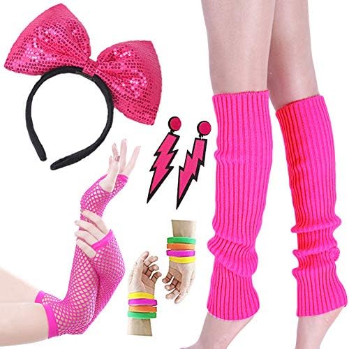 80s Fancy Dress Neon Leg Warmers,Fishnet GloveEarrings Necklace Beads and Neon Wrist Beads Accessories Set for 80s Party