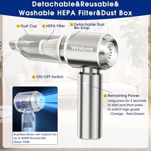 Wirelume Handheld Vacuum Cleaner Powerful Mini Car Vacuum Cleaners Hand Held Vacuum Cordless 22000Pa Strong Cyclonic Suction Blowing Portable Rechargable Lightweight for Pet Hair Vehicle Home Office