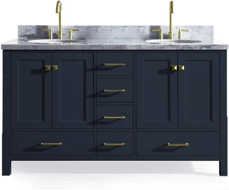 Ariel Cambridge A061d Vo Mnb 61 Inch Bathroom Vanity Cabinet In Midnight Blue With Carrara White Marble Countertop Round Oval Sinks Amazon Com