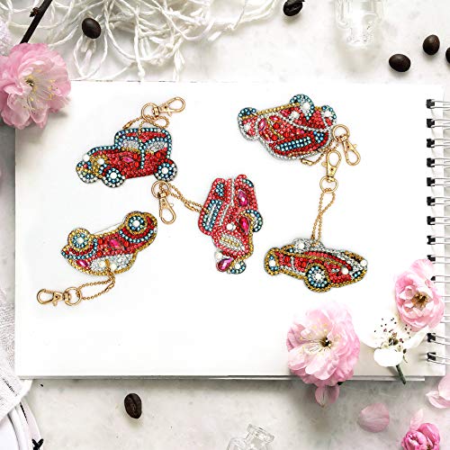 5D DIY Diamond Painting Keychain, Mosaic Making Full Drill Special Shape Diamond Painting Kit for Bags, Smartphone Straps (Car)