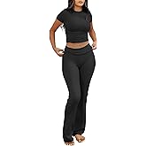 ANRABESS Lounge Sets for Women 2 Piece Foldover Yoga Flare Leggings Pants Crop Tops Casual Y2K Outfits Matching Tracksuit Set