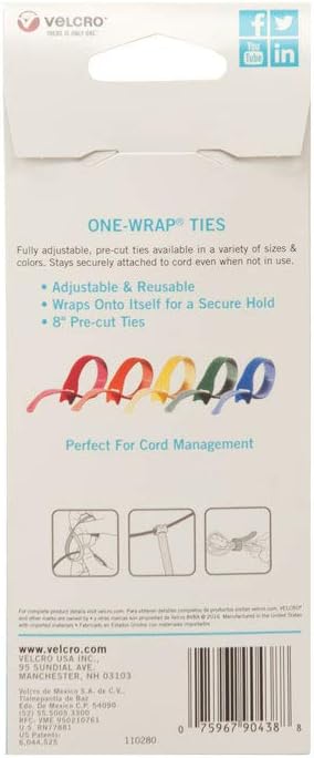 VELCRO Brand ONE-WRAP Ties | Cable Management, Wires & Cords | Self Gripping Cable Ties, Reusable | 5 Ct - 8" x 1/2" | Multi-color: Office Products