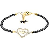 ColouredRocks Black Spinel with Mom Charm Bracelet, Beaded Bracelet, Gemstone Crystals Beads, Trendy Bracelet, Daily Wear Women Jewelry 8 inch