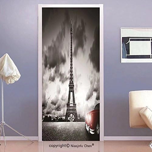 Niasjnfu Chen custom made 3d Door Wall Mural Wallpaper Cars Decor Paris Themed Image Popular Eiffel Tower On Cloudy Day Bright Red Vehicle With Head Lights On. Bedroom Living Room Dorm DecorRed GreyFo