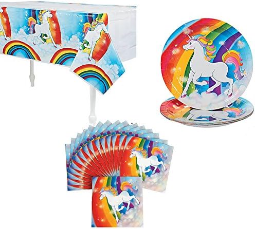 crevaben Unicorn Party Time Decor! Adorable Party Pack:Tablecover / Plates / Napkins