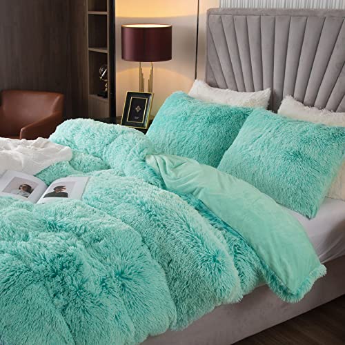 EMME Luxury Fuzzy Duvet Cover Set Queen Size Fluffy Comforter Cover Set for Queen Bed Shaggy and