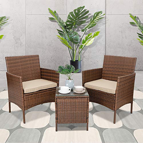 Oteymart 3 Pieces Outdoor Furniture Wicker Rattan Conversation Set 2 Club Chairs with Coffee Table Modern Bistro Set for Yard or Backyard Garden PE Patio Furniture (Brown)