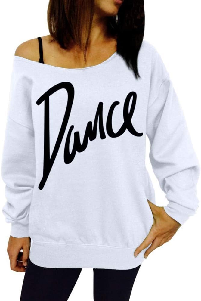 Gaddrt Tops Women's Ladies Loose Slash Neck Sweatshirt Ladies Casual Letter Dance Pullovers Top