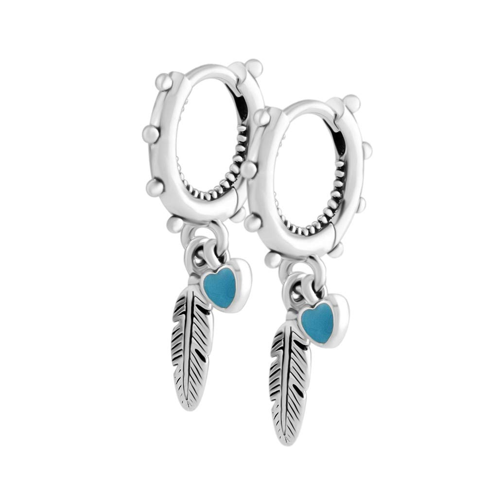 PANDOCCI 2018 Summer Spiritual Feathers Turquoise Enamel Dangle Earrings 925 Silver DIY Fits for Original Pandora Charm Fashion Jewelry