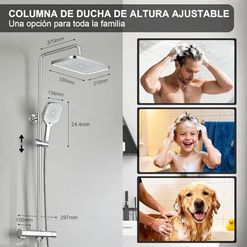 DelnVior Shower System with Thermostat Stainless Steel Square Rain Shower 3 Jet Types Complete Shower Set Adjustable Height with Anti-scald Protection Water Saving