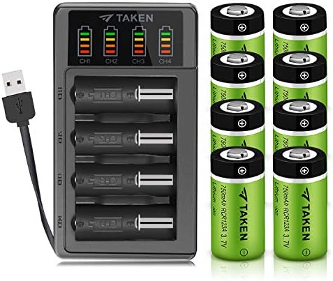 CR123A Rechargeable Batteries, Taken 3.7V 750mA Li-ion CR123A Batteries for Arlo Camera (VMC3030/VMK3200/VMS3330/3430/3530), RCR123A Rechargeable Batteries with 4-Ports Charger (8 Pack with Charger)