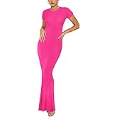 REORIA Women's Basic Summer Casual Lounge Long Dress Elegant Short Sleeve Crew Neck Bodycon Maxi Dresses